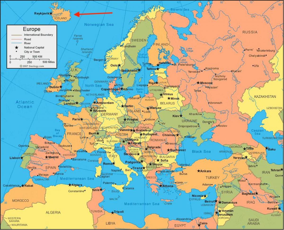Ubicación de Islandia en el mapa de Europa del Norte