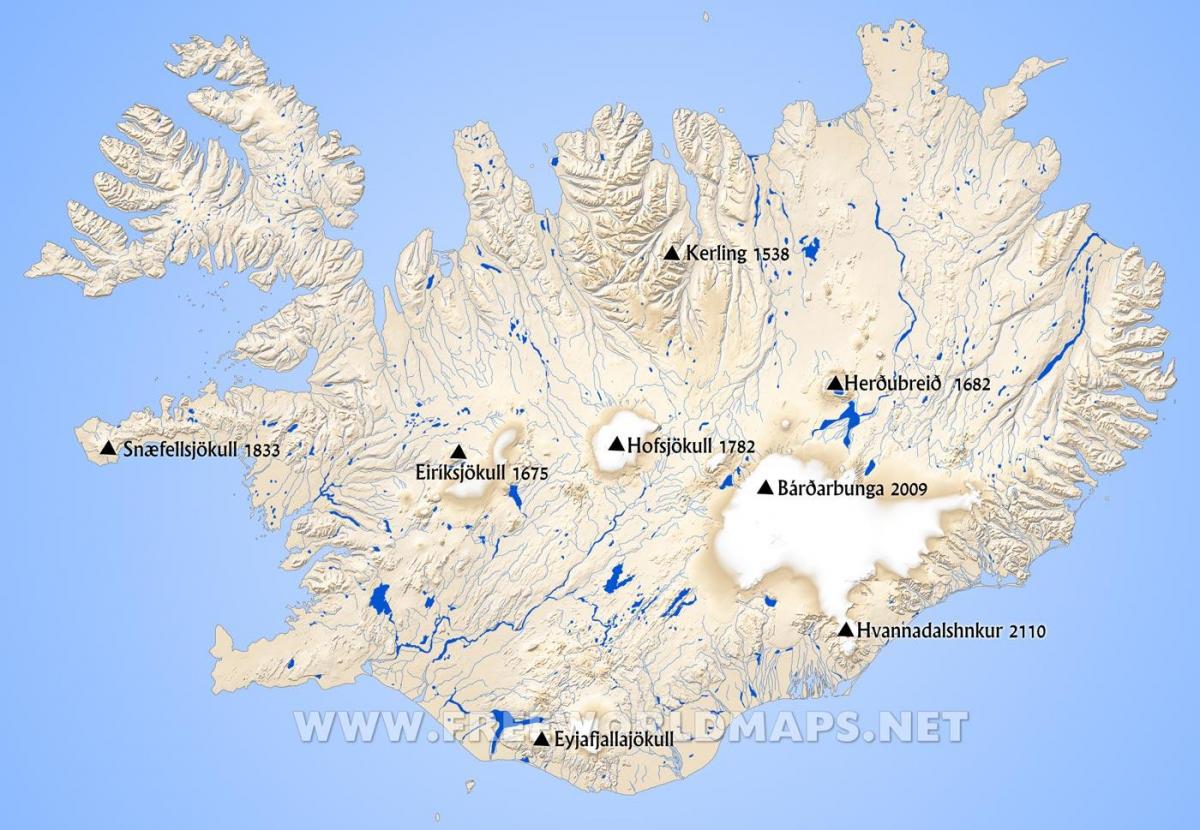 Mapa de las montañas de Islandia
